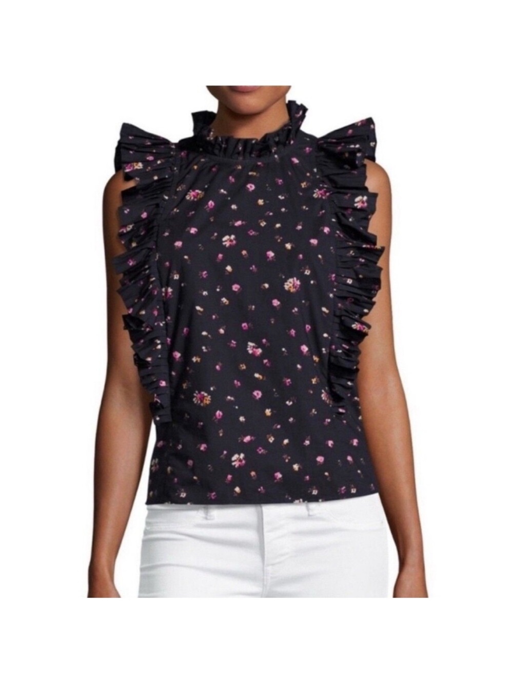 Rebecca Taylor Mia Floral Top Women Size 10 Navy Cotton Sleeveless Ruffle Blouse